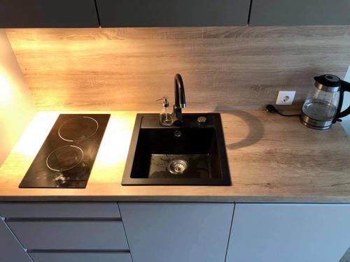 a kitchen counter with a sink and a stove at Studija JV36 in Juodkrantė