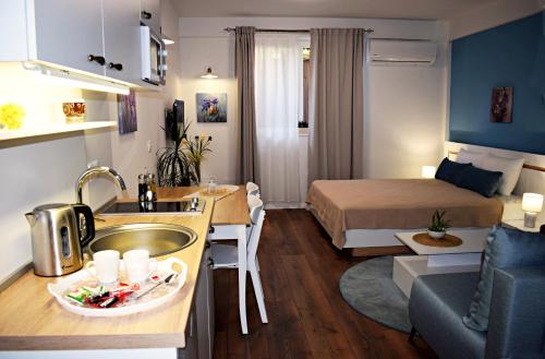 un piccolo appartamento con cucina e camera da letto di Iris Guesthouse a Ohrid
