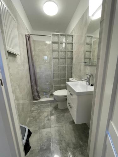 a bathroom with a toilet and a sink and a shower at "Kubania" POKOJE GOŚCINNE in Mielno