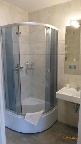 a bathroom with a shower and a sink at Willa Widok in Bukowina Tatrzańska