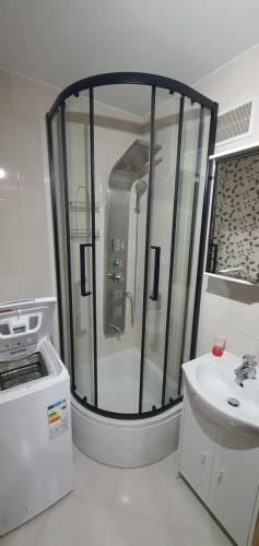 a bathroom with a shower and a sink at Komfortowy, klimatyzowany apartament Góry Marzeń in Sanok