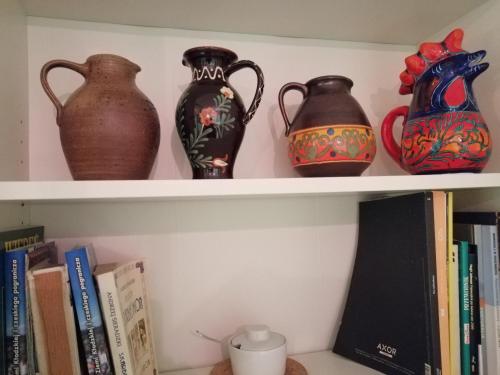 three vases sitting on a shelf with books at Art Apartament Puszczykowo in Puszczykowo