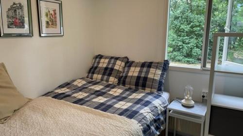 a small bedroom with a bed and two windows at Vakantiewoning Dinkelhofje met gratis linnen in Denekamp