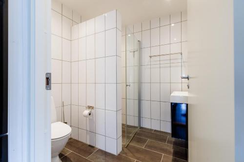 een badkamer met een toilet en een douche bij Eksklusiv ferielejlighed in Rudkøbing