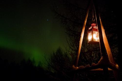 an illuminated street light with the northern lights in the sky at Ivalo River Camping in Ivalo