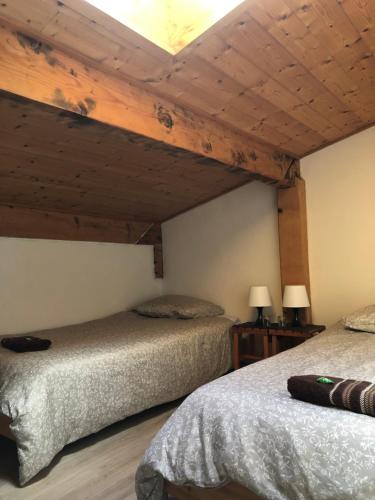 two beds in a room with a ceiling at Central Hostel Chatel in Châtel