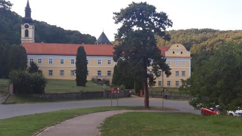 a large building with a tree in front of it at Iriški san in Irig