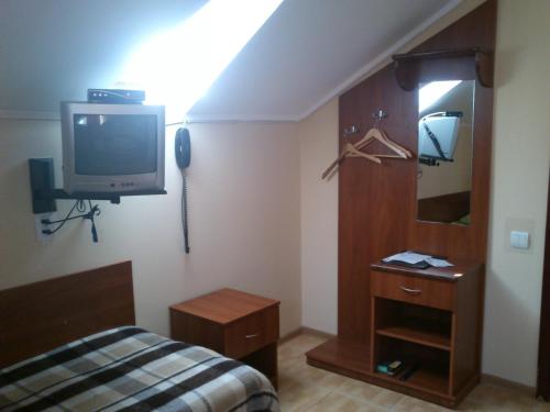 Pasiky-Zubryts'kiにあるPallada Motelのベッドルーム(ベッド1台、テレビ、鏡付)