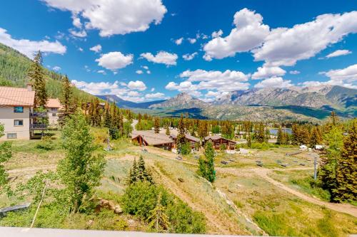 an aerial view of a resort with mountains in the background at Twilight View in Durango Mountain Resort