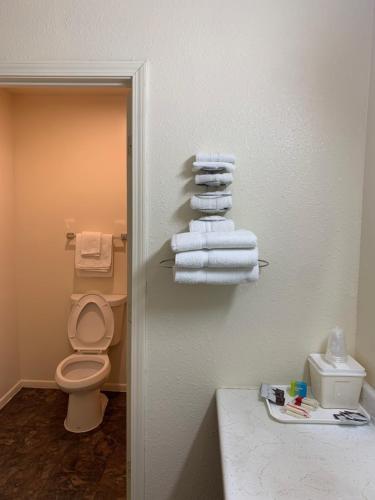 a bathroom with a toilet and a stack of towels at Economy Inn in Garnett
