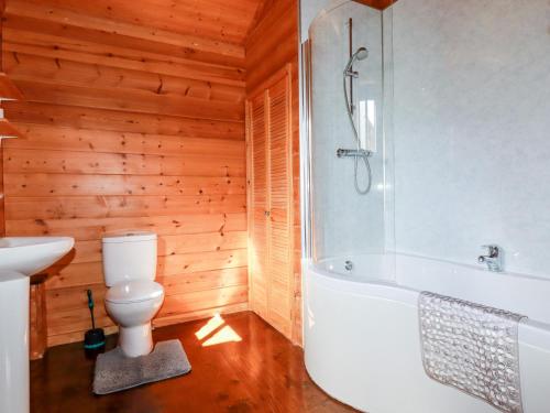 a bathroom with a toilet and a tub and a sink at Willow Lodge in Bodmin