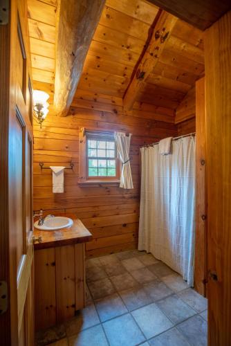 a bathroom with a sink and a shower in a cabin at New England Inn & Lodge in North Conway