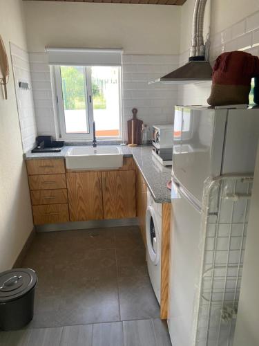 a small kitchen with a sink and a refrigerator at Casa dos Sobreiros in Casas da Ribeira