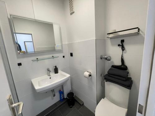 W łazience znajduje się umywalka, toaleta i lustro. w obiekcie Apartment Fischkoker mit Meerblick und Pool w mieście Dahme