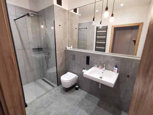 a bathroom with a sink and a shower and a toilet at Apartament z klimatyzacją in Krakow