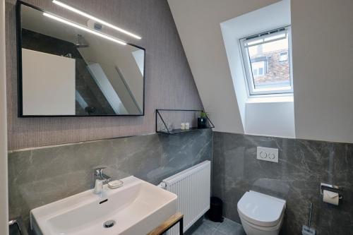 a bathroom with a sink and a toilet and a mirror at Villa Delange in Landau in der Pfalz