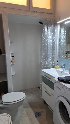 a bathroom with a toilet and a sink and a washing machine at Cal ferrer del rei in Roses