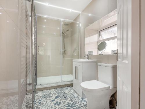 a white bathroom with a toilet and a shower at Dove Cottage in Ruthin