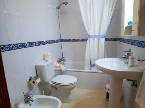 een badkamer met een toilet, een wastafel en een douche bij Puesta de Sol Rentals 3CR in Playa de San Juan