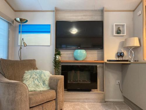 a living room with a flat screen tv and a fireplace at Ashford Heights in Barnstaple