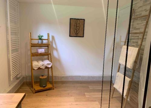 a room with a shower and a shelf with towels at Le gîte des Grivots 