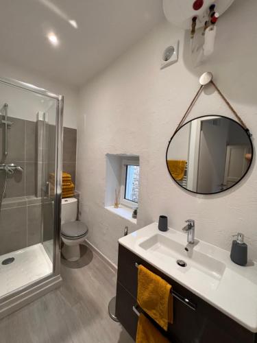 bagno con lavandino, doccia e specchio di Appart " la rue des roues", à Fontaine-de-Vaucluse a Fontaine-de-Vaucluse