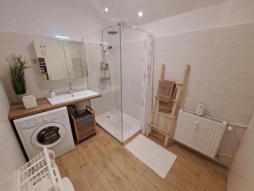 a bathroom with a washing machine and a shower at Lily Apartman Siófok in Siófok