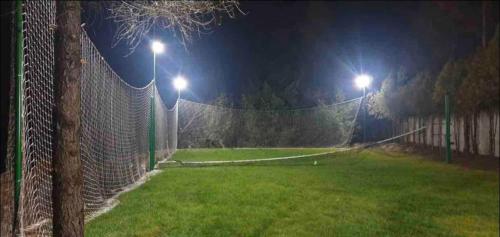 a fence with two lights on a field at night at Casuta cu Zorele in Martinie