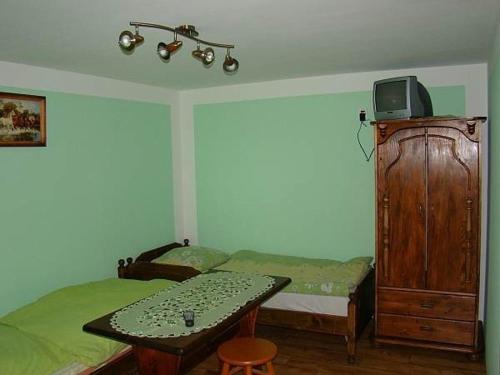 a bedroom with a bed and a table and a tv at Domek Letniskowy 7 in Zawóz