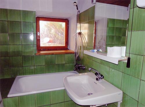 baño de azulejos verdes con lavabo y ventana en Architect`s Cottage - serenity and greenery in the highlands, en Soča