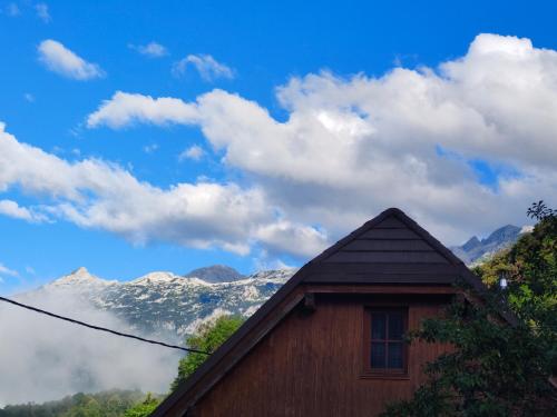 a roof of a house with mountains in the background at Apartma Metka Bovec in Bovec