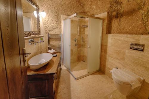 a bathroom with a shower and a sink and a toilet at Yoruk Stone House in Nevsehir
