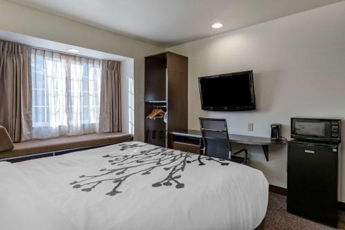 a hotel room with a bed and a desk and a television at Sleep Inn & Suites in Kalamazoo