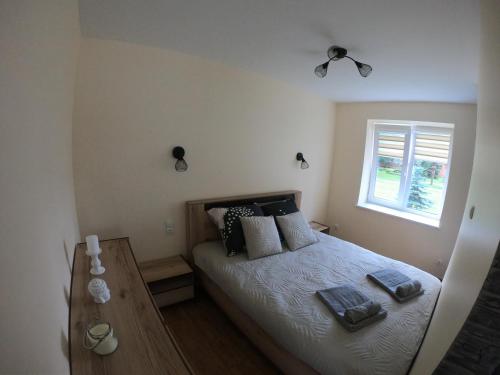 - une chambre avec un lit doté d'oreillers et d'une fenêtre dans l'établissement Apartamentai Rusnės centre, à Rusnė