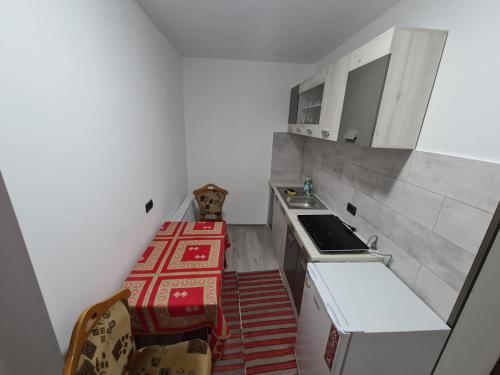 Il comprend une petite cuisine équipée d'un évier et d'une cuisinière. dans l'établissement Casa Traditionala, à Borşa