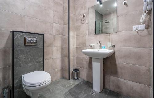 a bathroom with a toilet and a sink and a shower at Hotel Darchi Kazbegi in Stepantsminda