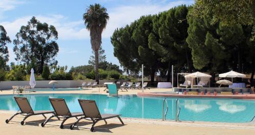 a swimming pool with chairs and umbrellas and trees at Hotel Campo do Rosmaninho in Castelo Branco