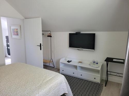 a bedroom with a bed and a flat screen tv on the wall at La maison d'Hera in Saint-Yrieix-la-Perche