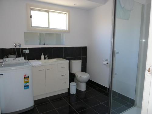 a bathroom with a toilet and a sink and a shower at Bellevue on Bentley - Unit 2 in Bridport