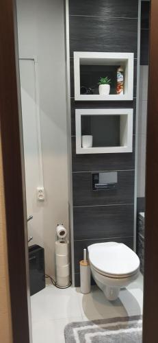 a bathroom with a white toilet in a room at Apartament Kaja in Siemianowice Śląskie