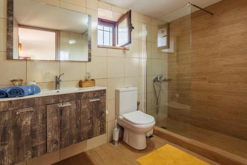 a bathroom with a toilet and a shower and a sink at Mani Summer Escape - Spacious Home, Fully equipped in Levktron