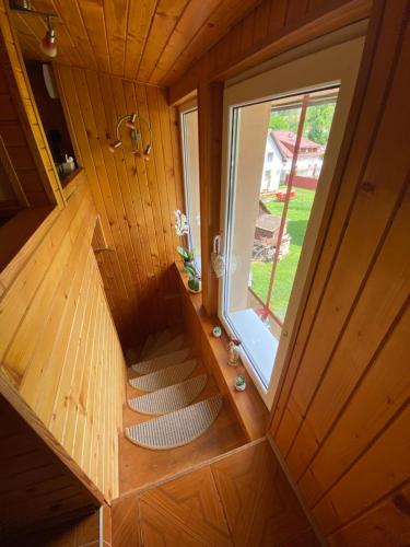 an overhead view of a staircase in a tiny house at Apartmán Drievko in Terchová