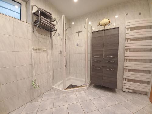 a bathroom with a shower and a walk in closet at Ferienwohnung Sauerland Fernblick in Olsberg