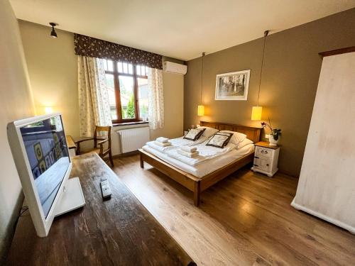 um quarto com uma cama e uma televisão de ecrã plano em Villa Filmowiec em Polanica-Zdrój