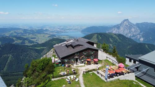 an aerial view of a building on a mountain at Christophorushütte am Feuerkogel in Ebensee