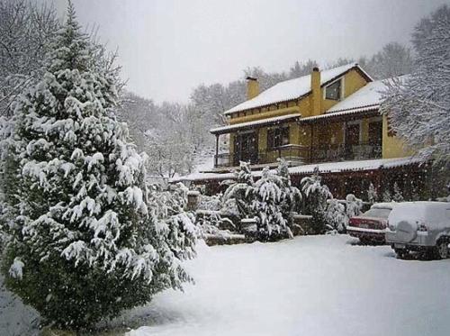 a snow covered house with a snow covered christmas tree at Guesthouse Mylona in Arachova