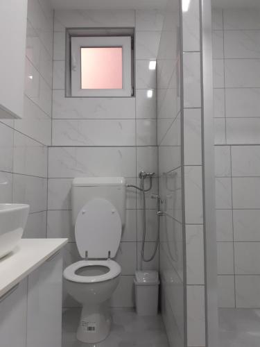bagno bianco con servizi igienici e finestra di Apartman Dalal - with access to river Una a Bihać