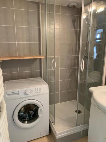 une machine à laver dans une salle de bain avec douche dans l'établissement CG APPART**4 PERS VUE GAVE BALCON 5 MN LUZ, à Luz-Saint-Sauveur
