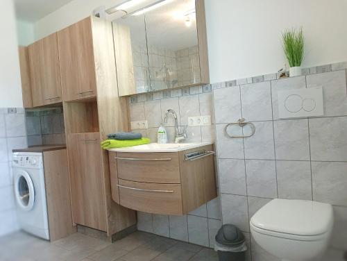a bathroom with a sink and a washing machine at Ferienwohnung Pinzenhof - Kemnath in Kemnath