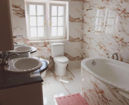 コインにあるRunWild Hen Party Pool Fun for 12のバスルーム(洗面台2台、バスタブ、トイレ付)